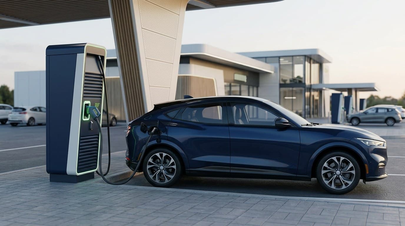 Voiture électrique bleu nuit branchée à une borne de recharge rapide sous l'auvent d'une aire de service, en fin de journée.